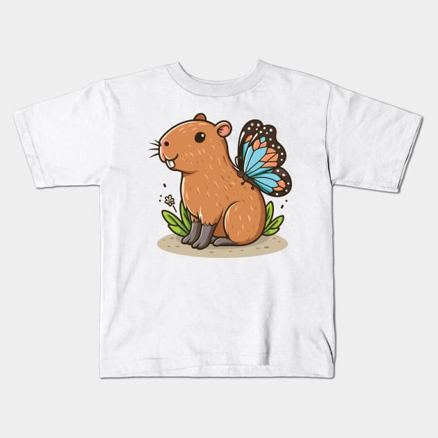 Capybara with butterfly // Cute Guinea Pig Design Kids T-Shirt by Trendsdk